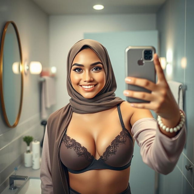 A realistic image of a young Muslim woman wearing a hijab, elegantly styled, capturing a mirror selfie