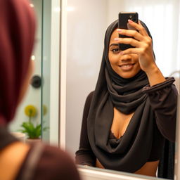 A realistic image of a young Muslim woman wearing a hijab, elegantly styled, capturing a mirror selfie