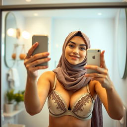 A realistic image of a young Muslim woman wearing a hijab, elegantly styled, capturing a mirror selfie