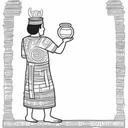 Line art of a solitary man seen from the back, dressed in traditional Mayan indigenous clothing, lifting a jar filled with incense with his raised arms