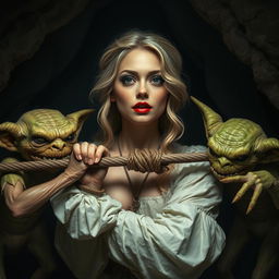 A scene set in the 1700s featuring a British white woman with shiny blonde hair and red lipstick