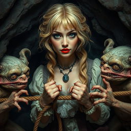 A scene set in the 1700s featuring a British white woman with shiny blonde hair and red lipstick
