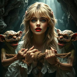 A scene set in the 1700s featuring a British white woman with shiny blonde hair and red lipstick