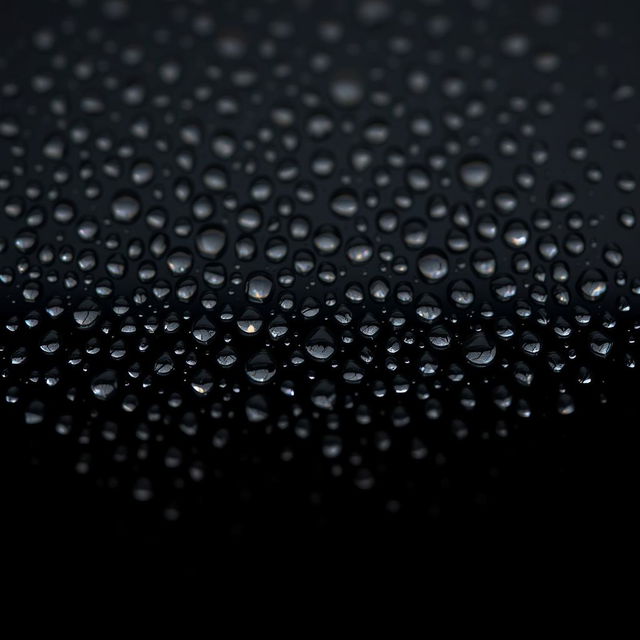 A mesmerizing arrangement of numerous small water droplets delicately placed against a pitch black background