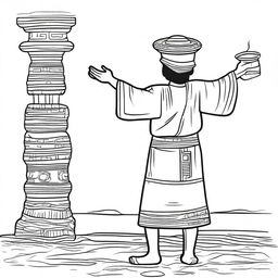 Line art of a solitary man seen from the back, dressed in traditional Mayan indigenous clothing, lifting a jar filled with incense with his raised arms