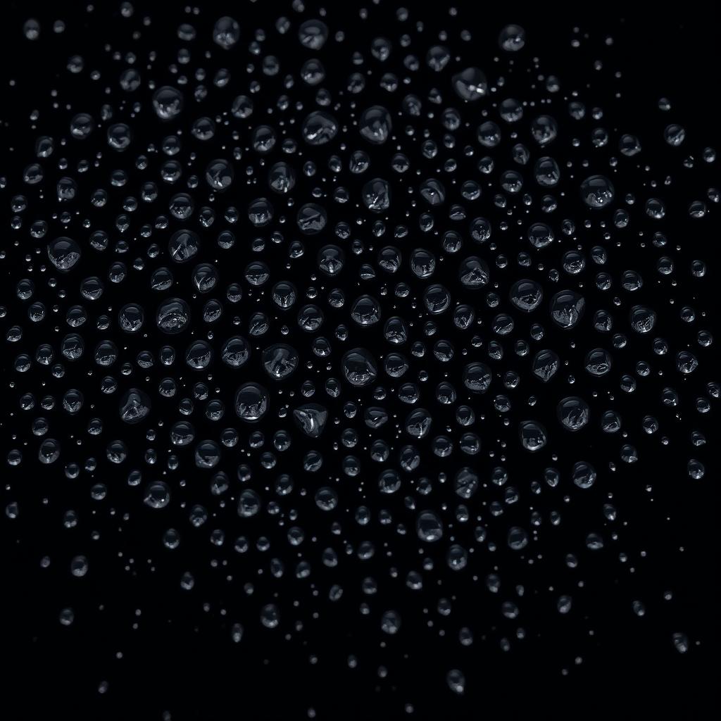 A mesmerizing arrangement of numerous small water droplets delicately placed against a pitch black background