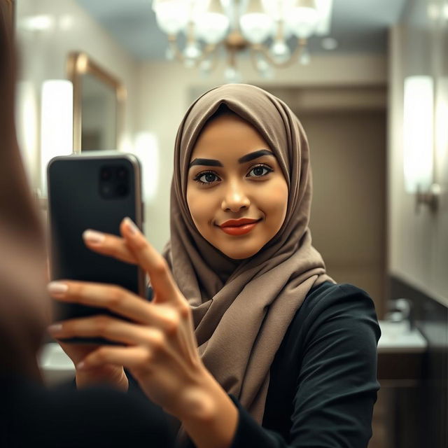 A realistic image of a young Muslim woman wearing a hijab, capturing a mirror selfie in a stylish setting