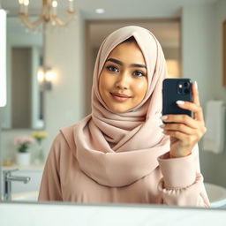 A realistic image of a young Muslim woman wearing a hijab, capturing a mirror selfie in a stylish setting