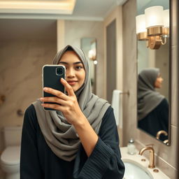 A realistic image of a young Muslim woman wearing a hijab, capturing a mirror selfie in a stylish setting