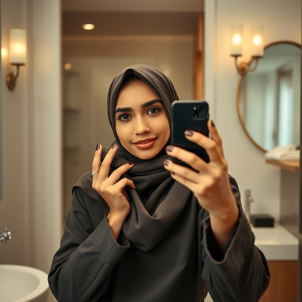 A realistic image of a young Muslim woman wearing a hijab, capturing a mirror selfie in a stylish setting