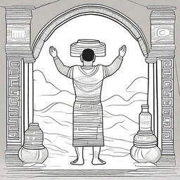 Line art of a solitary man seen from the back, dressed in traditional Mayan indigenous clothing, lifting a jar filled with incense with his raised arms