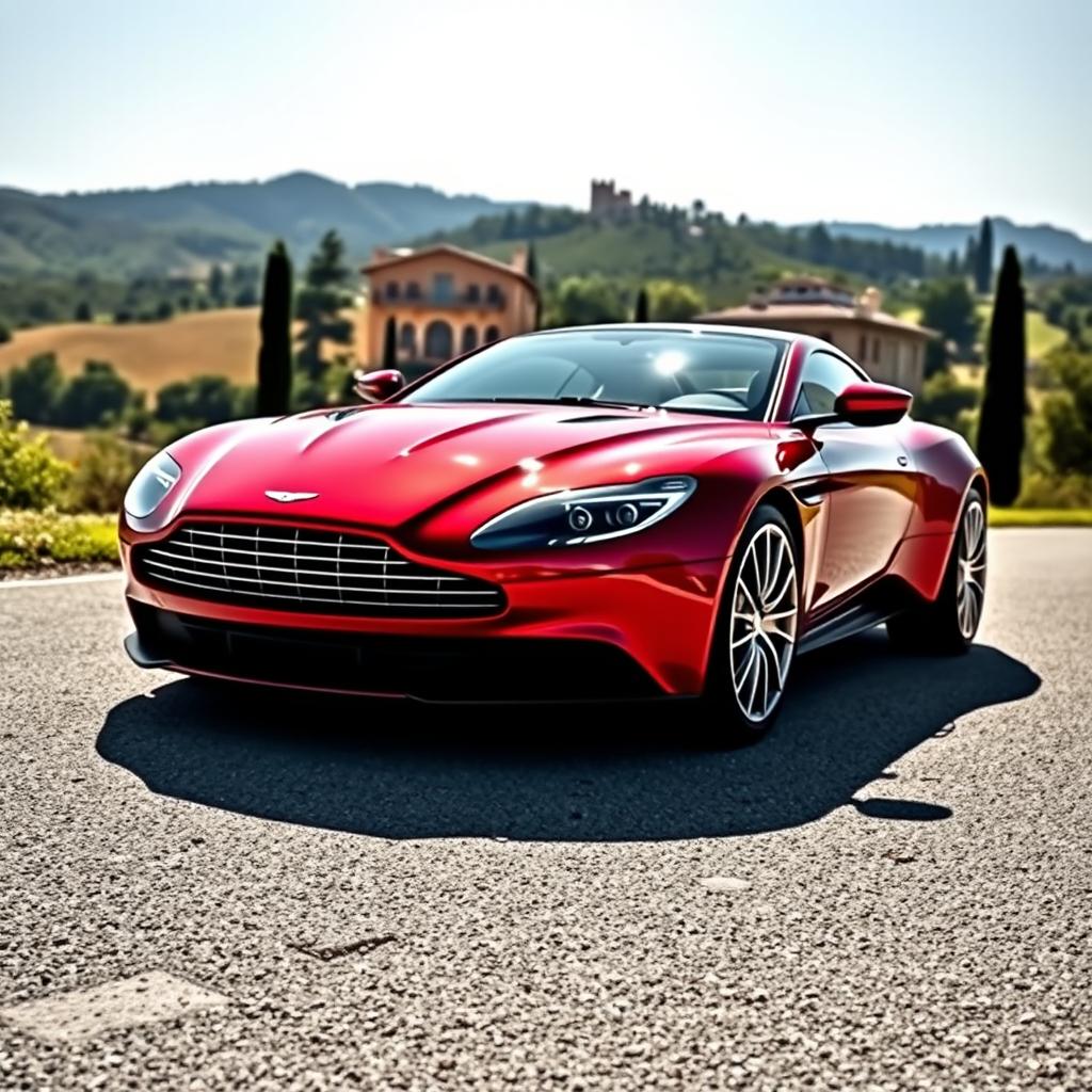 A stunning Aston Martin sports car beautifully blended with sleek Italian design elements, featuring a graceful silhouette, aerodynamic curves, and a luxurious interior