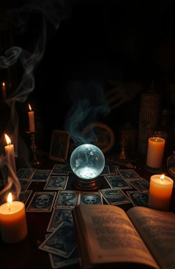 A dark and eerie setting centered around an ominous tarot card reading