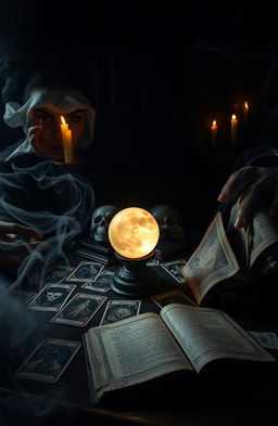 A dark and eerie setting centered around an ominous tarot card reading