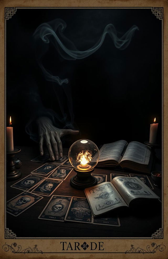 A dark and eerie setting centered around an ominous tarot card reading