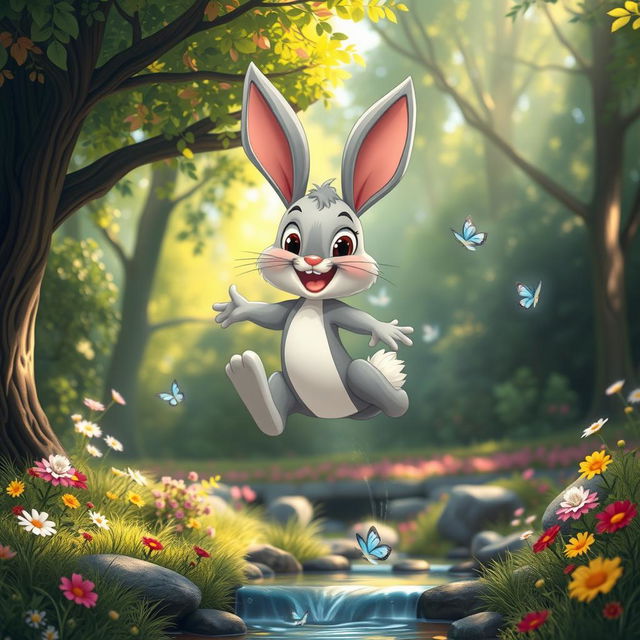 A cute cartoon gray bunny with big ears and a joyful expression, mid-jump through a lush green forest