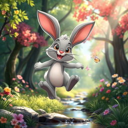 A cute cartoon gray bunny with big ears and a joyful expression, mid-jump through a lush green forest