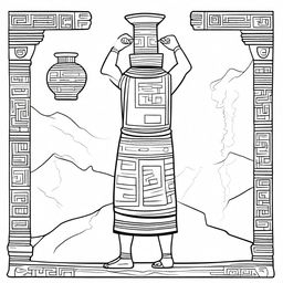 Line art of a solitary Mayan man, in full view from the back, garbed in traditional indigenous Mayan attire, hoisting a jar filled with incense with his elevated arms