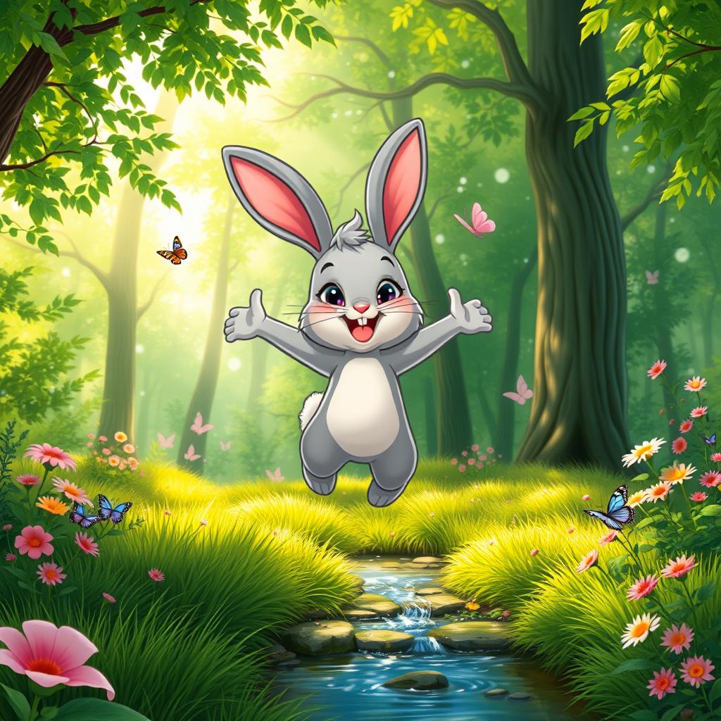 A cute cartoon gray bunny with big ears and a joyful expression, mid-jump through a lush green forest