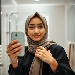A realistic image of a young Muslim woman wearing a hijab, confidently capturing a mirror selfie