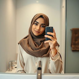 A realistic image of a young Muslim woman wearing a hijab, confidently capturing a mirror selfie