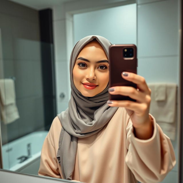 A realistic image of a young Muslim woman wearing a hijab, confidently capturing a mirror selfie