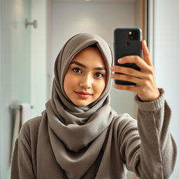 A realistic image of a young Muslim woman wearing a hijab, confidently capturing a mirror selfie