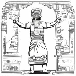 Line art of a solitary Mayan man, in full view from the back, garbed in traditional indigenous Mayan attire, hoisting a jar filled with incense with his elevated arms