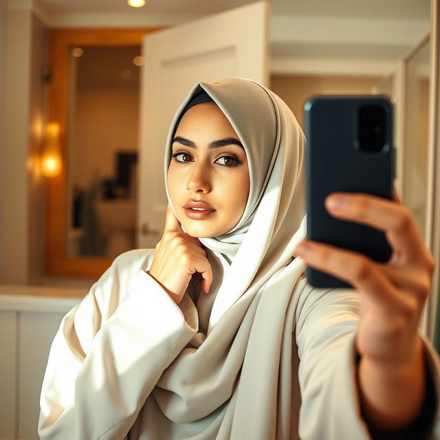 A realistic image of a young Muslim woman wearing a hijab, confidently capturing a mirror selfie