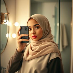 A realistic image of a young Muslim woman wearing a hijab, confidently capturing a mirror selfie