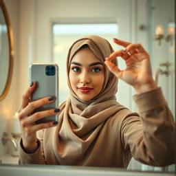 A realistic image of a young Muslim woman wearing a hijab, confidently capturing a mirror selfie