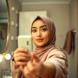 A realistic image of a young Muslim woman wearing a hijab, confidently capturing a mirror selfie