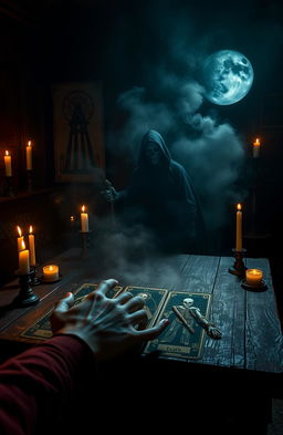 A dark, eerie room lit by flickering candlelight, with a large, ominous tarot card spread on a weathered wooden table