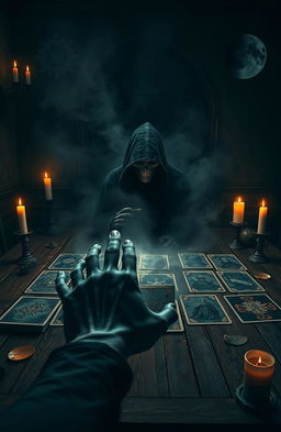 A dark, eerie room lit by flickering candlelight, with a large, ominous tarot card spread on a weathered wooden table