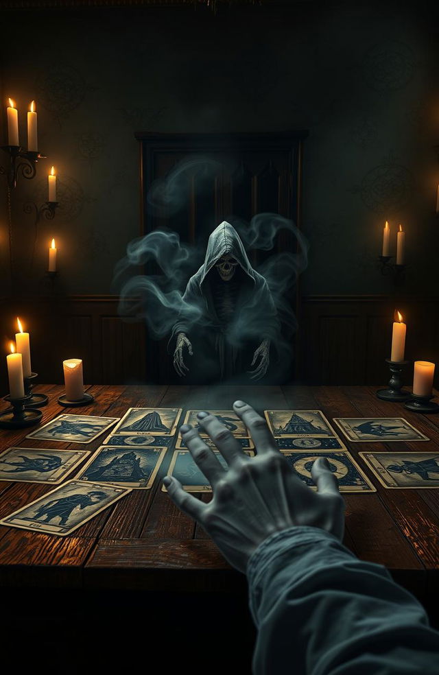 A dark, eerie room lit by flickering candlelight, with a large, ominous tarot card spread on a weathered wooden table