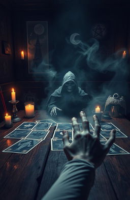 A dark, eerie room lit by flickering candlelight, with a large, ominous tarot card spread on a weathered wooden table