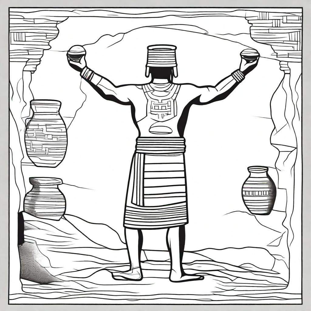 Line art of a solitary Mayan man, in full view from the back, garbed in traditional indigenous Mayan attire, hoisting a jar filled with incense with his elevated arms