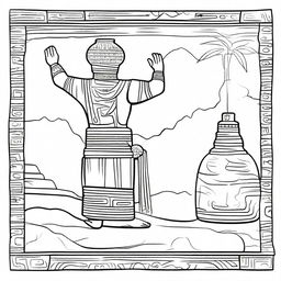 Line art of a solitary Mayan man, in full view from the back, garbed in traditional indigenous Mayan attire, hoisting a jar filled with incense with his elevated arms