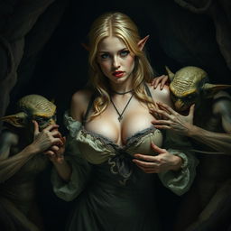 A scene featuring a white woman from the 1700s trapped in a dark, eerie cave