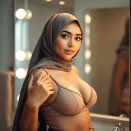 A realistic image of a young Muslim woman wearing a hijab, posing confidently in front of a mirror while wearing a see-through transparent bra