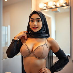 A realistic image of a young Muslim woman wearing a hijab, posing confidently in front of a mirror while wearing a see-through transparent bra
