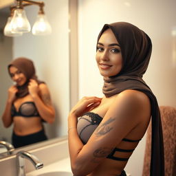A realistic image of a young Muslim woman wearing a hijab, posing confidently in front of a mirror while wearing a see-through transparent bra
