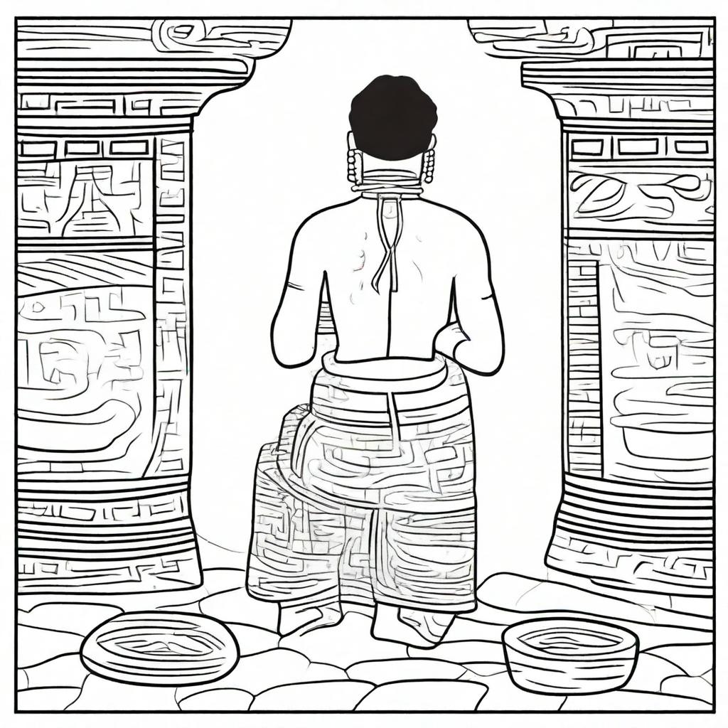 Line art of a full-view man, kneeling from the back, dressed in traditional indigenous Mayan clothing, raising a jar filled with incense in his hands