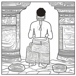 Line art of a full-view man, kneeling from the back, dressed in traditional indigenous Mayan clothing, raising a jar filled with incense in his hands