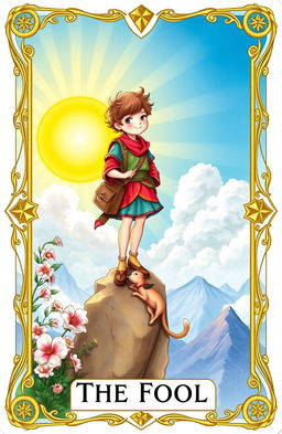 A beautifully illustrated tarot card featuring a whimsical depiction of The Fool, showcasing a young traveler with a vibrant colored tunic, holding a small bag, standing on the edge of a cliff