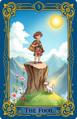 A beautifully illustrated tarot card featuring a whimsical depiction of The Fool, showcasing a young traveler with a vibrant colored tunic, holding a small bag, standing on the edge of a cliff
