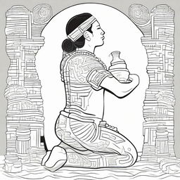 Line art of a full-view man, kneeling from the back, dressed in traditional indigenous Mayan clothing, raising a jar filled with incense in his hands