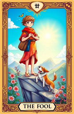 A beautifully illustrated tarot card featuring a whimsical depiction of The Fool, showcasing a young traveler with a vibrant colored tunic, holding a small bag, standing on the edge of a cliff