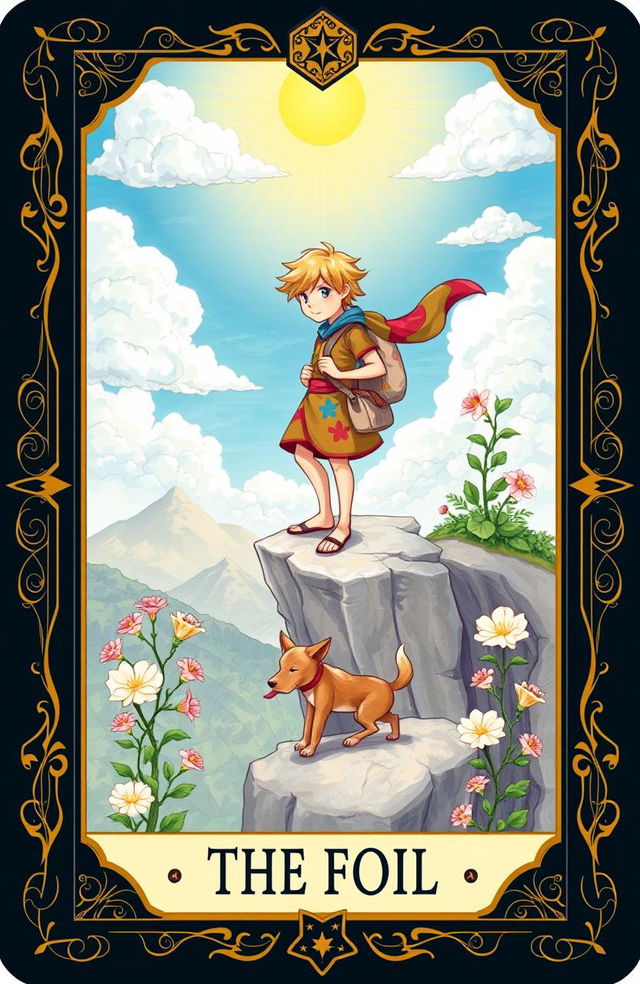 A beautifully illustrated tarot card featuring a whimsical depiction of The Fool, showcasing a young traveler with a vibrant colored tunic, holding a small bag, standing on the edge of a cliff