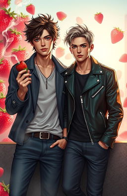 A vibrant, dreamy scene featuring two stylish young men in a modern urban setting, inspired by the essence of strawberries and cigarettes